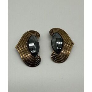 ERMANI BULATTI Signed Art Deco Style Faceted Hematite Bronze Clip Earrings